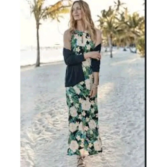 J Jill M Halter Keyhole Long Maxi Dress Floral TROPICAL Knit Sleeveless Summer - Picture 1 of 11